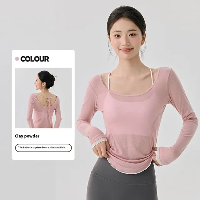 Loose Casual High grade Yoga Clothes Blouse Hem Contrast Color Light Breathable Sexy Backless Clay Powder - Shop at LoveMi