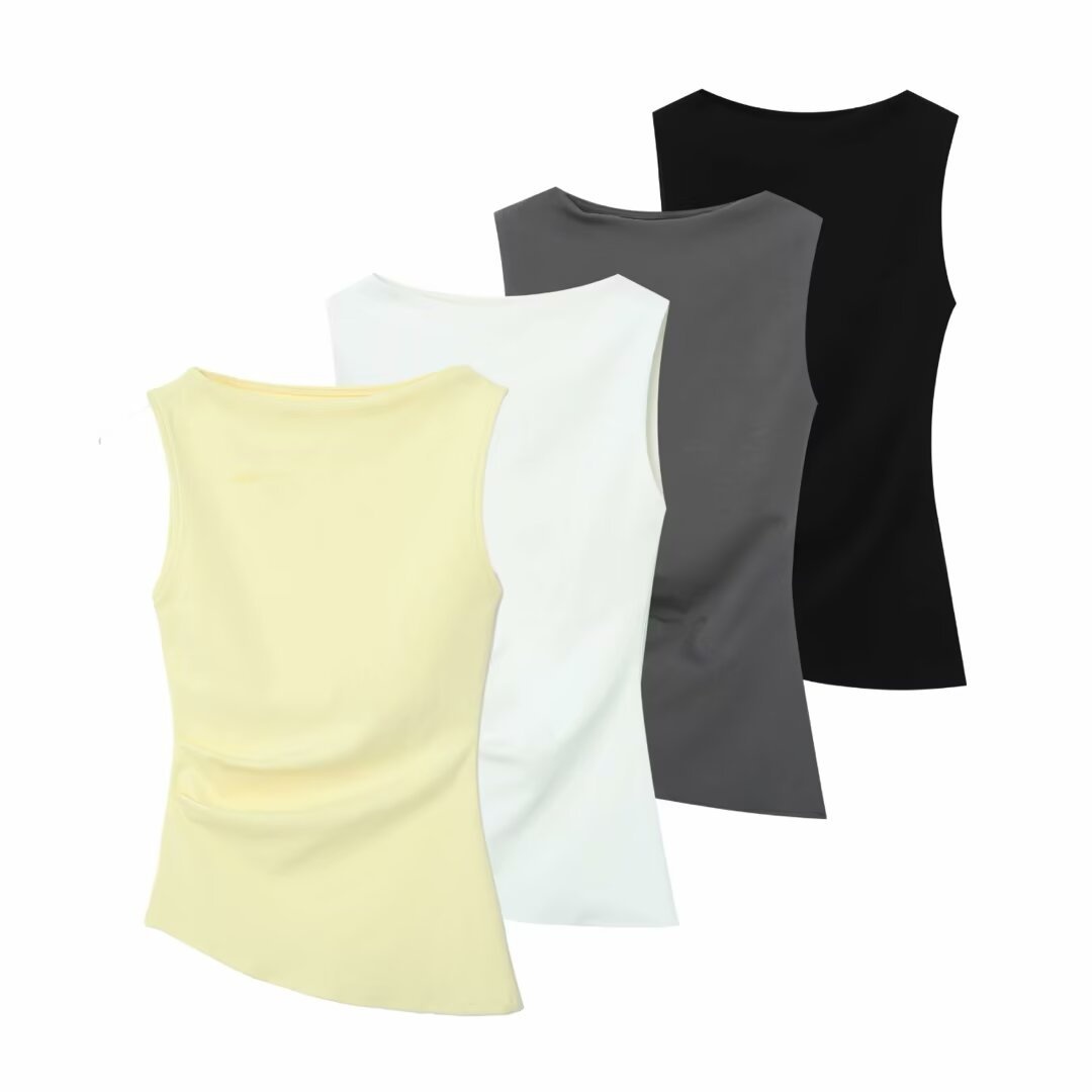 Women's Multi-color Pleated Asymmetric Boat Neck Sleeveless T-shirt