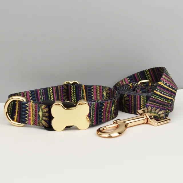 Ethnic Style Webbing Bone Buckle Printed Pet Collar Purple Ethnic Set - Shop at LoveMi