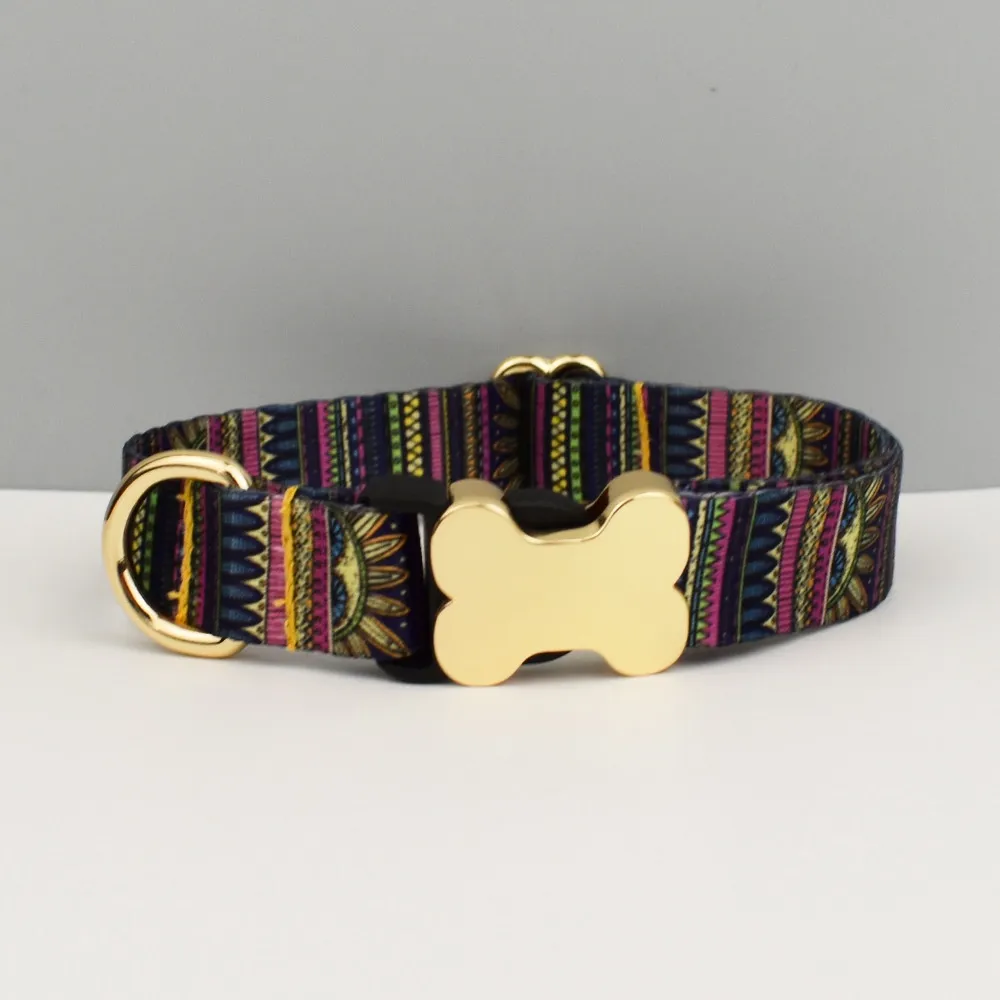 Ethnic Style Webbing Bone Buckle Printed Pet Collar - Purple Ethnic
