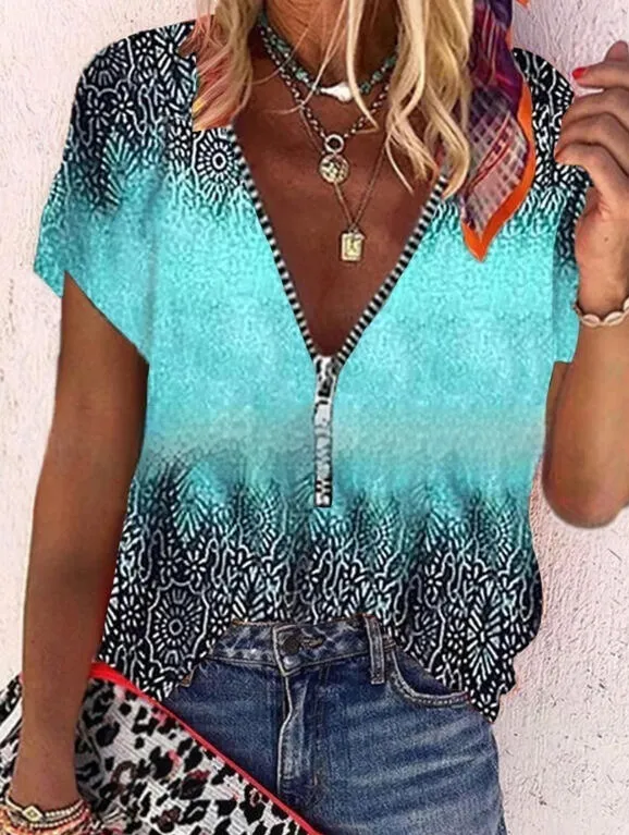 Printed V neck Short Sleeved Casual Shirt Top Picture Color 1 - Shop at LoveMi