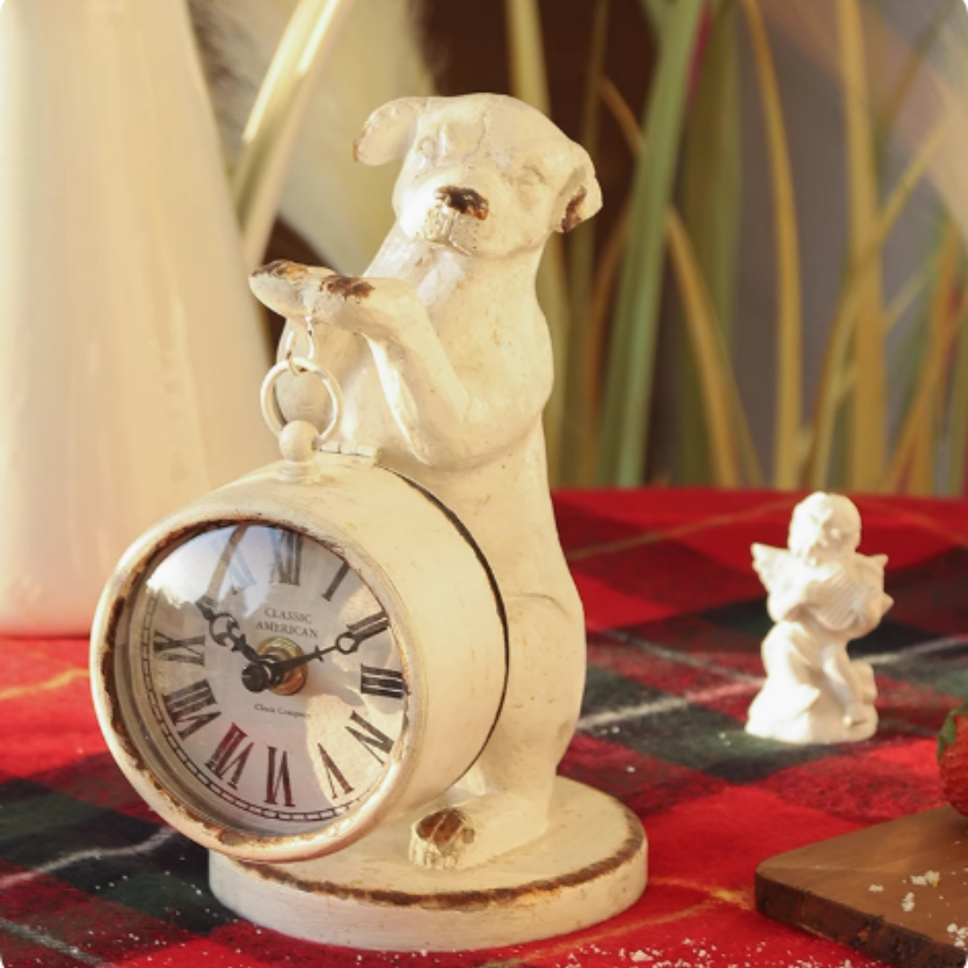 French Retro Wrought Iron Dog Shaped Table Clock Headboard Ornament