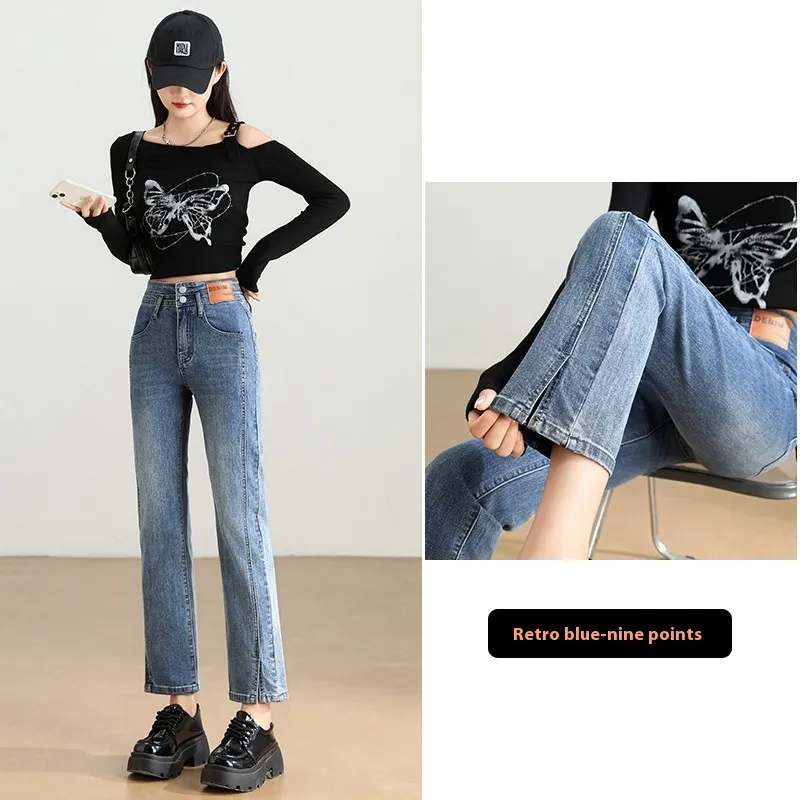 High Waist Slimming And Fashionable Design Popular Ankle-length Cigarette Pants - Retro Blue Cropped
