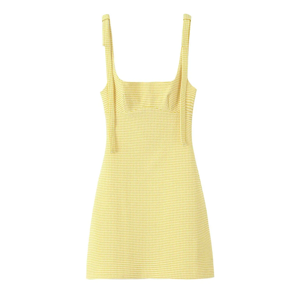 Bowknot Decoration Small Plaid Strap Short Dress - Yellow
