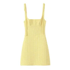 Bowknot Decoration Small Plaid Strap Short Dress - Yellow - View 1