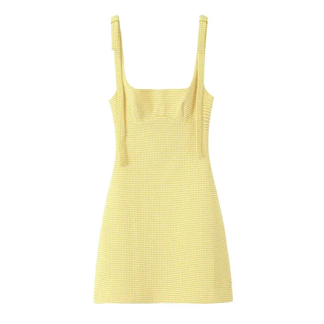 Bowknot Decoration Small Plaid Strap Short Dress Yellow - Shop at LoveMi