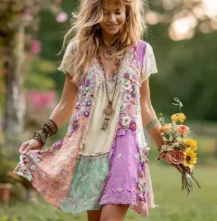 Women's Retro Floral Cotton & Linen Mini Dress - Purple - View 1