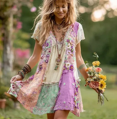 Women's Retro Floral Cotton & Linen Mini Dress Purple - Shop at LoveMi