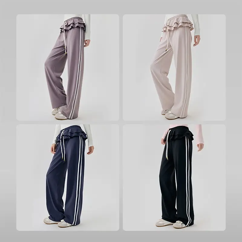 Loose Sports Pants Casual Women's Flounced Design Ballet Style Fashionable Side Stripes