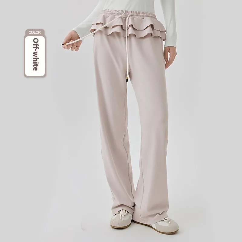 Loose Sports Pants Casual Women's Flounced Design Ballet Style Fashionable Side Stripes - Gray White