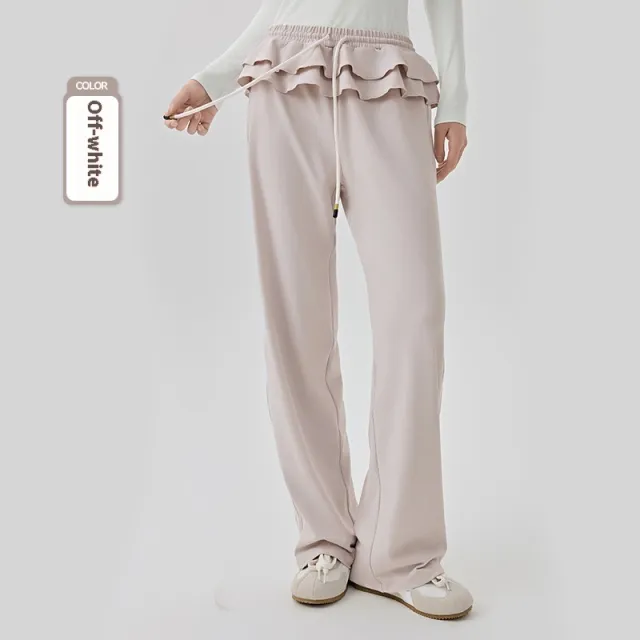 Loose Sports Pants Casual Women's Flounced Design Ballet Style Fashionable Side Stripes Gray White - Shop at LoveMi