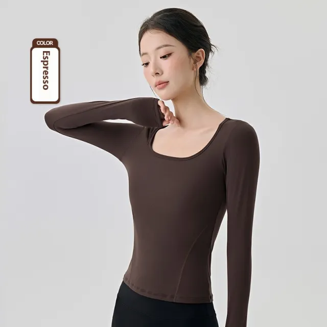 Nude Feel High Elastic Long Sleeve Yoga Wear Top Slim Fit Slim And Sexy Big Neckline Distilled Coffee - Shop at LoveMi