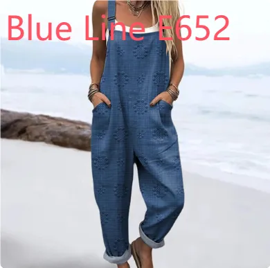 Women's Vintage Print Jumpsuit Loose Sleeveless Design Sexy Blue Line E652 - Shop at LoveMi