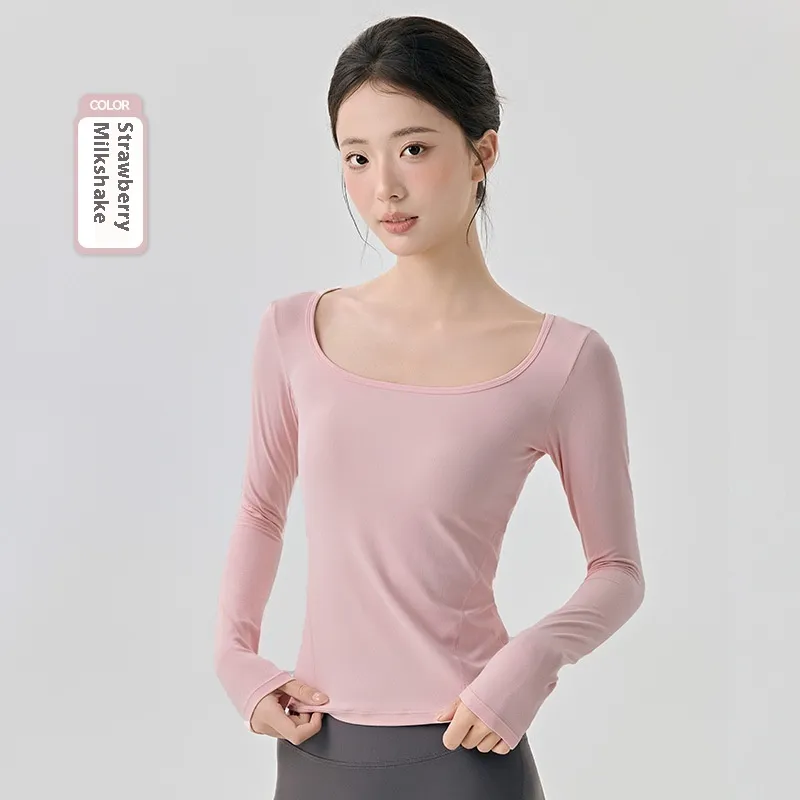 Nude Feel High Elastic Long Sleeve Yoga Wear Top Slim Fit Slim And Sexy Big Neckline - Nude