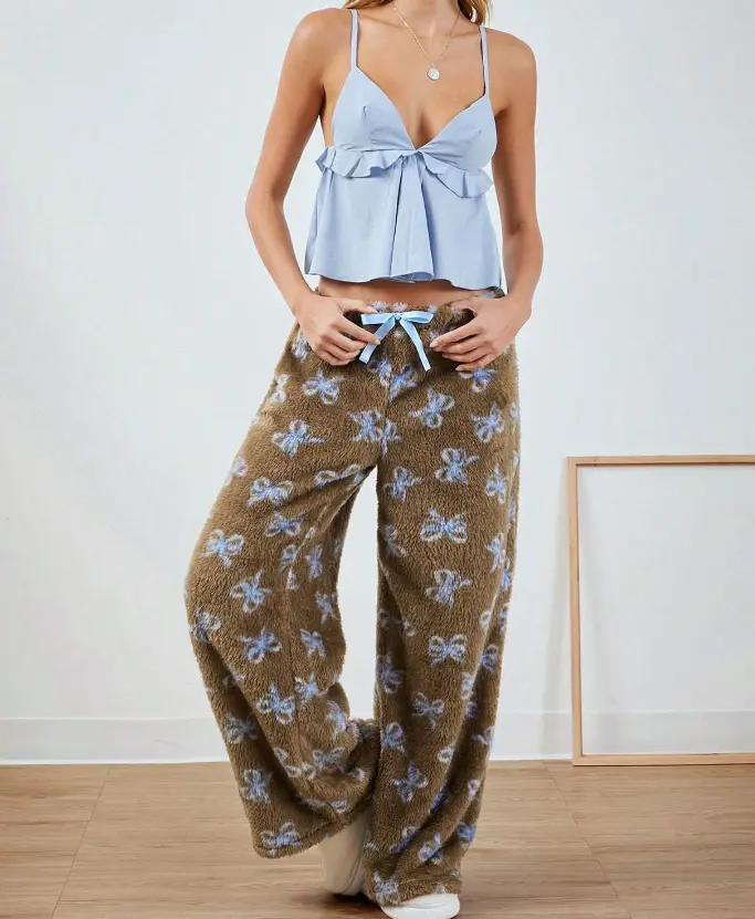 Blue Bow Patterned Wide Leg Pants