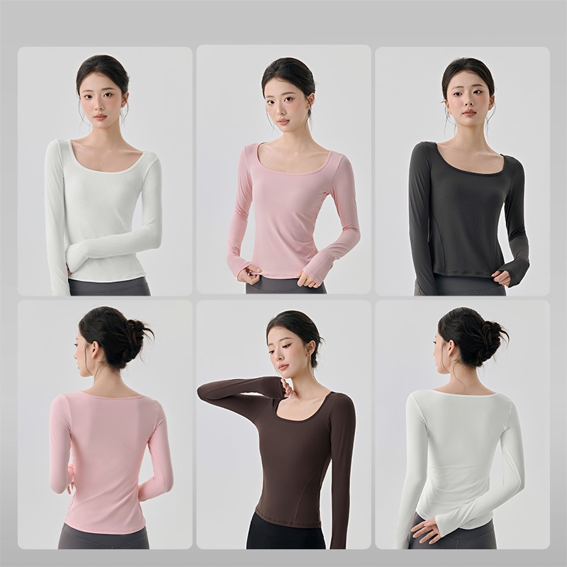 Nude Feel High Elastic Long Sleeve Yoga Wear Top Slim Fit Slim And Sexy Big Neckline