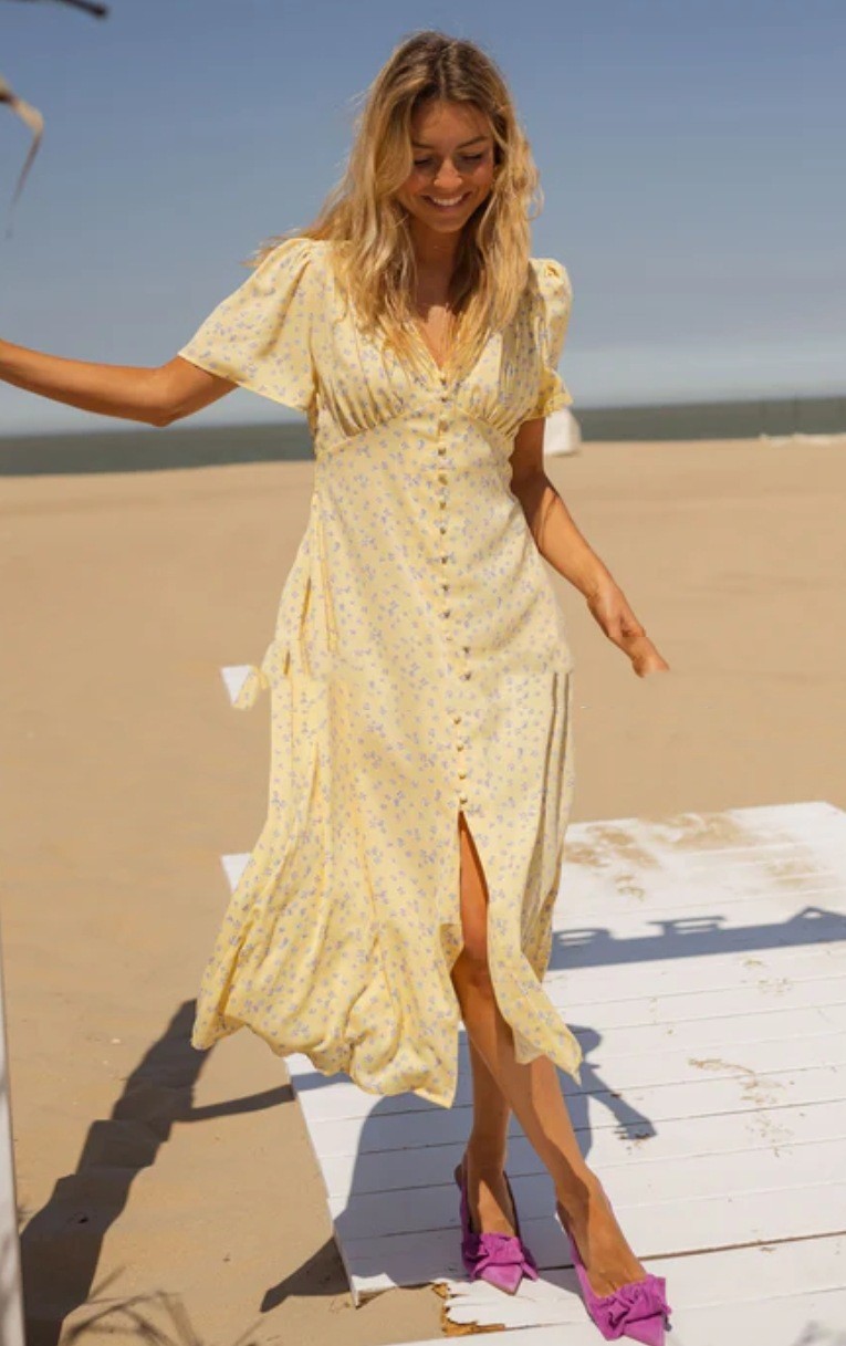 Women's Clothing French Style Temperament Printed Waist-controlled V-neck Casual Dress