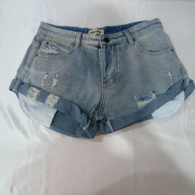 Flanging Low Waist One Button Casual Denim Shorts Blue - Shop at LoveMi