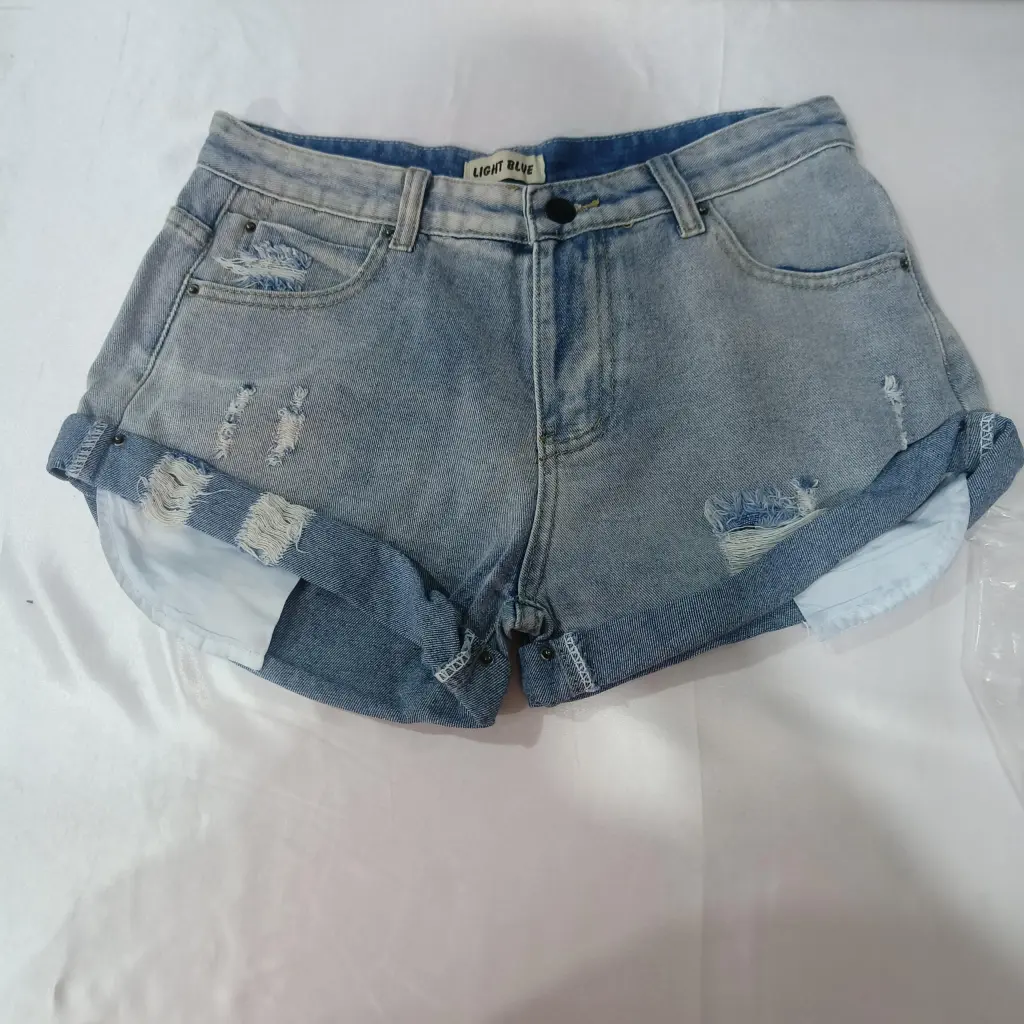 Flanging Low Waist One Button Casual Denim Shorts - Blue