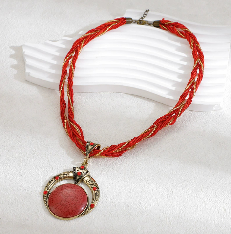 Hand-woven bohemian rice beads accessories Vintage ethnic round gemstone necklace