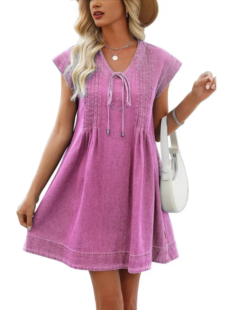 Lace-up Sleeveless Denim Dress Washed Tencel Comfortable - Pink