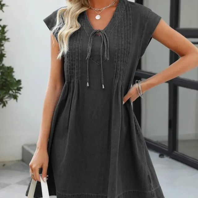 Lace up Sleeveless Denim Dress Washed Tencel Comfortable Black - Shop at LoveMi
