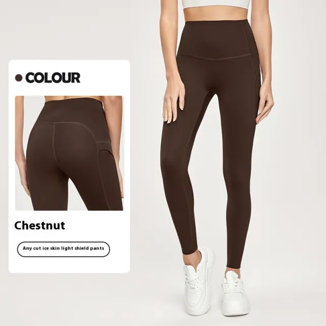 7A Antibacterial Cool Feeling Yoga Pants Outer Wear Pocket High Waist Hip Lift Sports Tights Chestnut - Shop at LoveMi