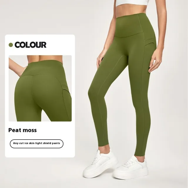 7A Antibacterial Cool Feeling Yoga Pants Outer Wear Pocket High Waist Hip Lift Sports Tights Peat Moss - Shop at LoveMi