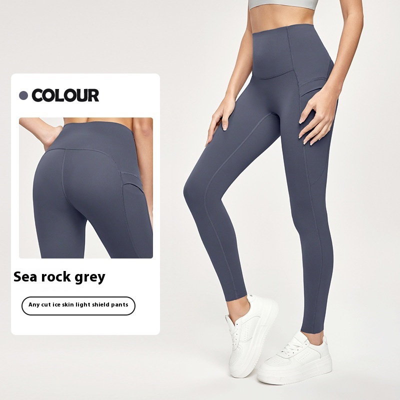 7A Antibacterial Cool Feeling Yoga Pants Outer Wear Pocket High Waist Hip Lift Sports Tights Sea Rock Gray - Shop at LoveMi