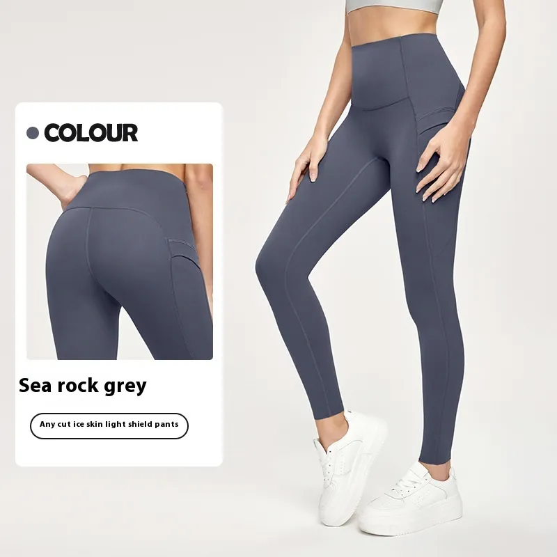 7A Antibacterial Cool Feeling Yoga Pants Outer Wear Pocket High Waist Hip Lift Sports Tights - Sea Rock Gray