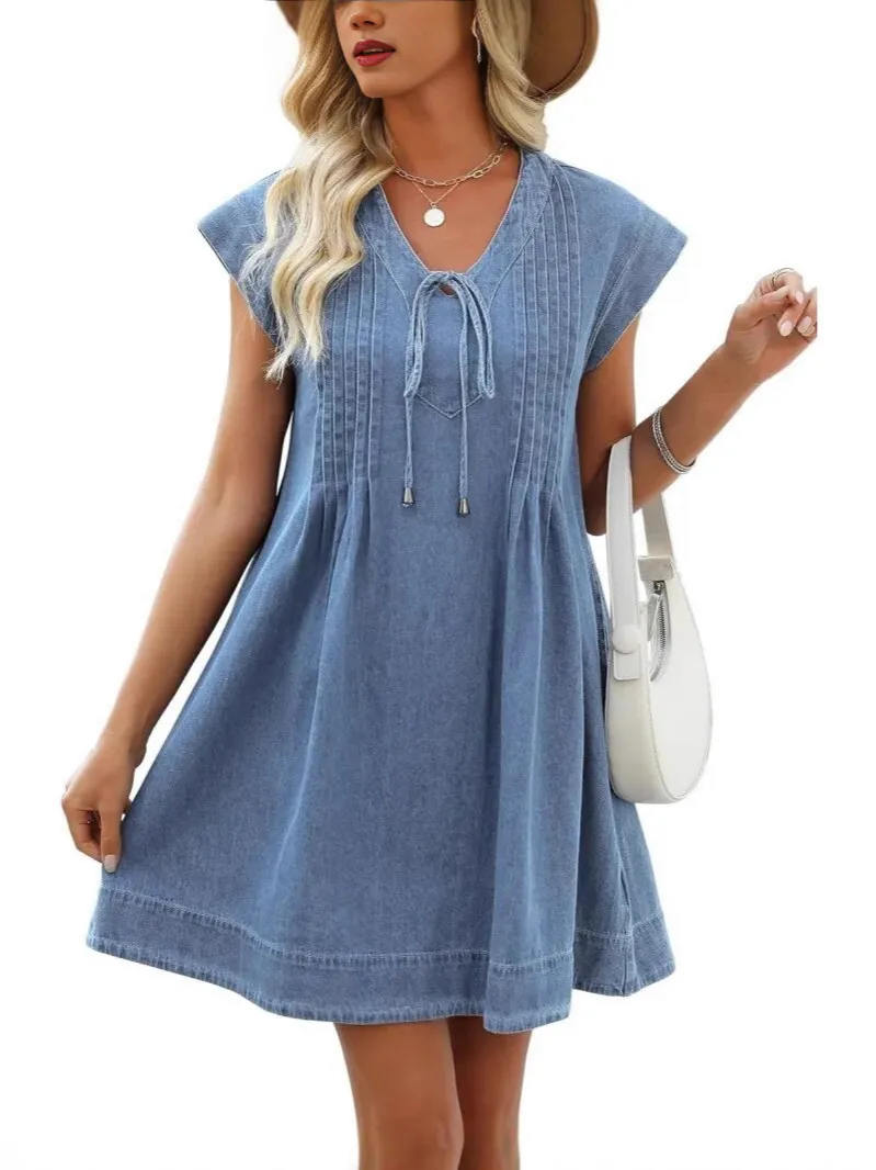 Lace-up Sleeveless Denim Dress Washed Tencel Comfortable - Light Blue