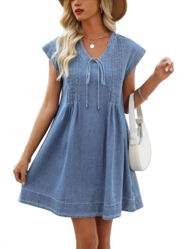 Lace up Sleeveless Denim Dress Washed Tencel Comfortable Light Blue - Shop at LoveMi