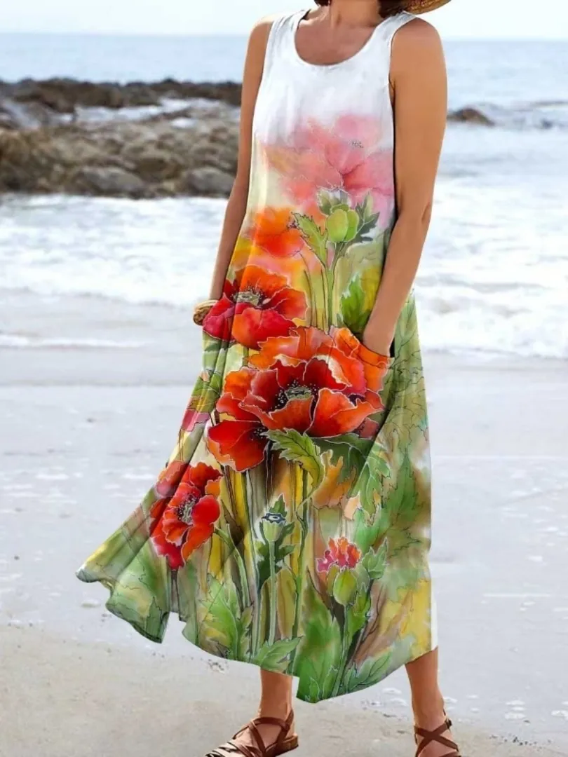 Women's Landscape Floral Maxi Dress Slim Fit Casual Skirt - 37Style