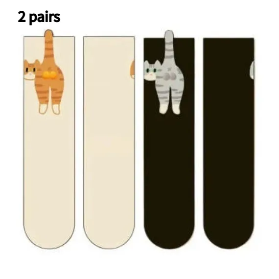 Cute Cat Socks With Balls Summer Breathable Soft Cotton Socks Funny Cotton Sock Middle Tube Girl Women Novelty Sport Socks - Black And Beige
