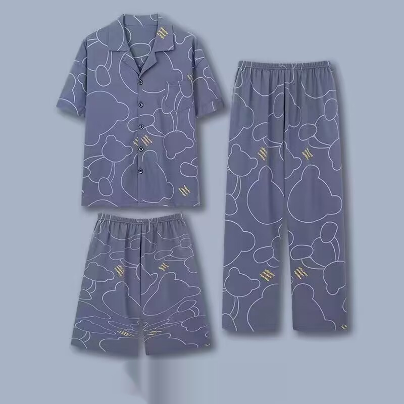 Three-piece Pajamas Men's Summer Pure Cotton Short Sleeve Trousers Suit