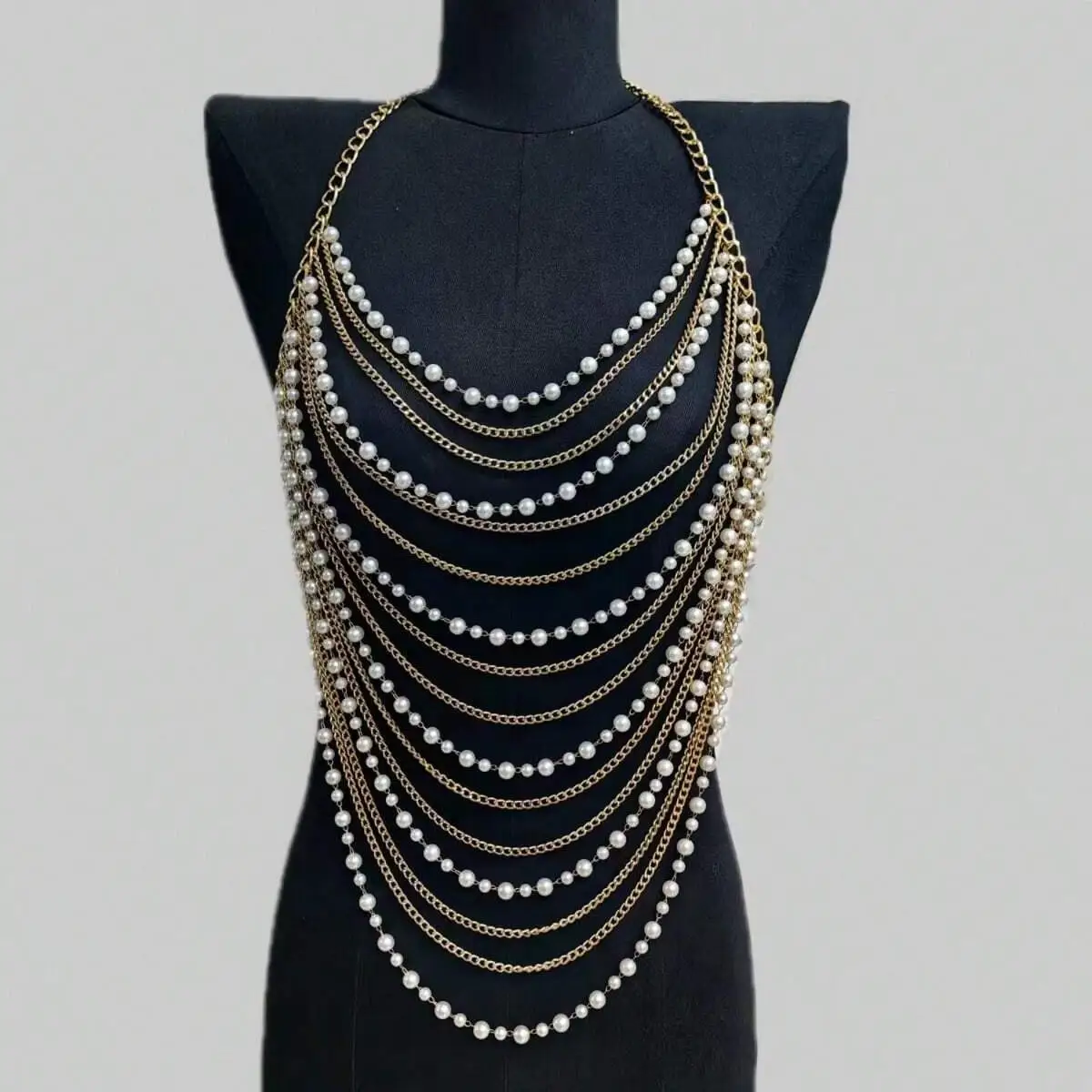 Pearl Ornament Chain Metal Chain Multi-layer Catwalk Performance Bandage Dress