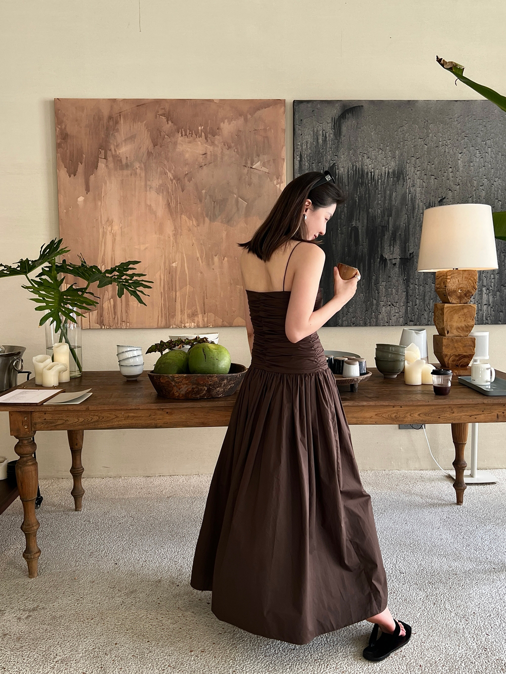 Cotton Pleated V-neck Waist Strap Low Waist Mid Length Dress