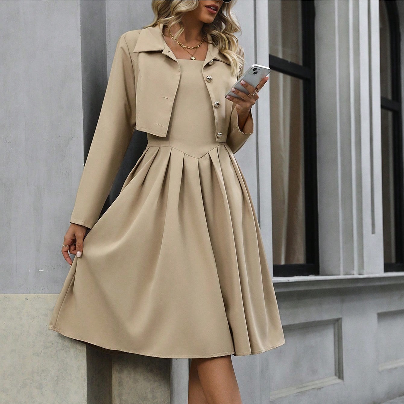 Solid Color Front Button Up Shirt And Pleated Dress Khaki - Shop at LoveMi