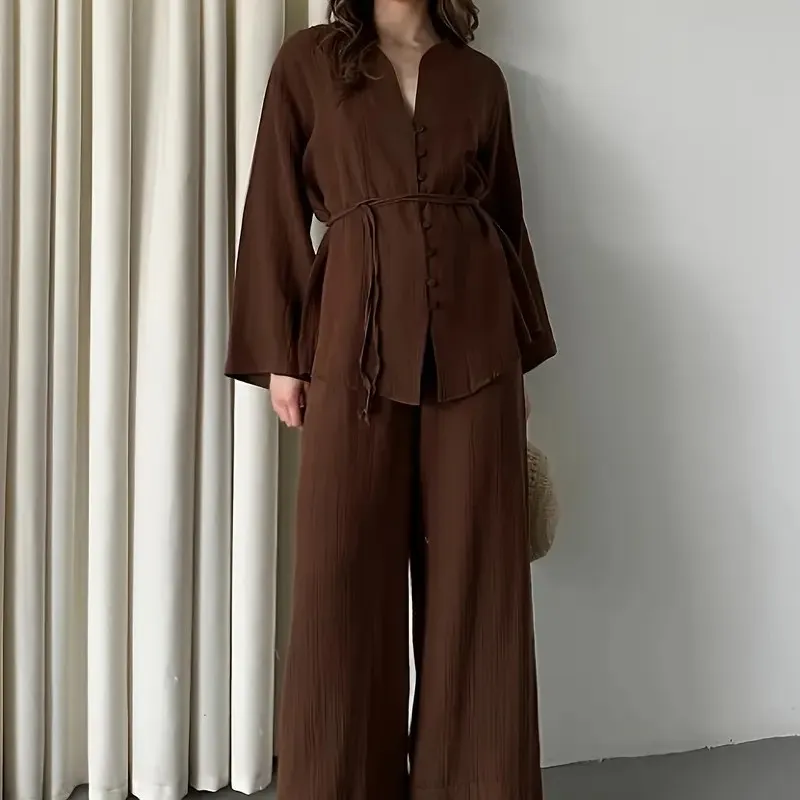 Coffee Colored Solid Color Elegant Two-piece Set - Coffee