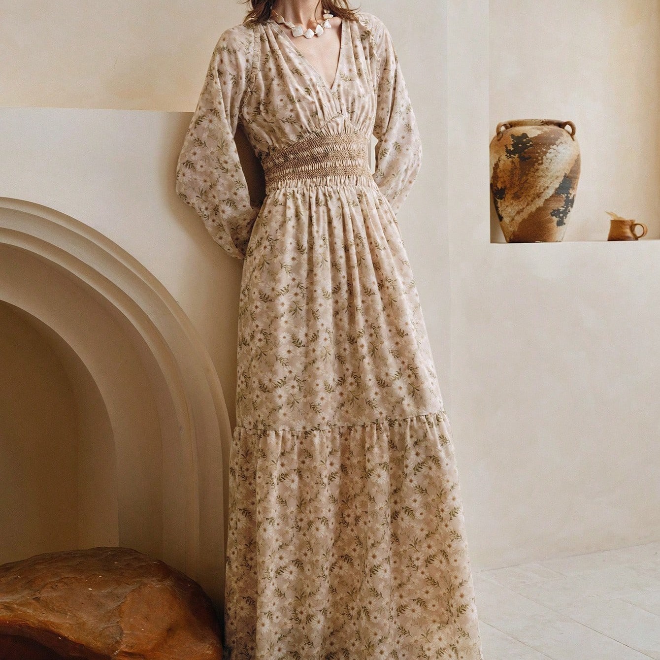 Women's Spring And Summer Floral Pleated Dress