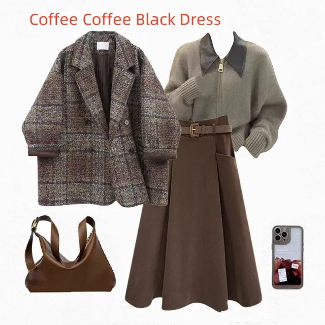 Vintage Blazer Design Knitted Sweater With Skirt Three piece Set Black - Shop at LoveMi