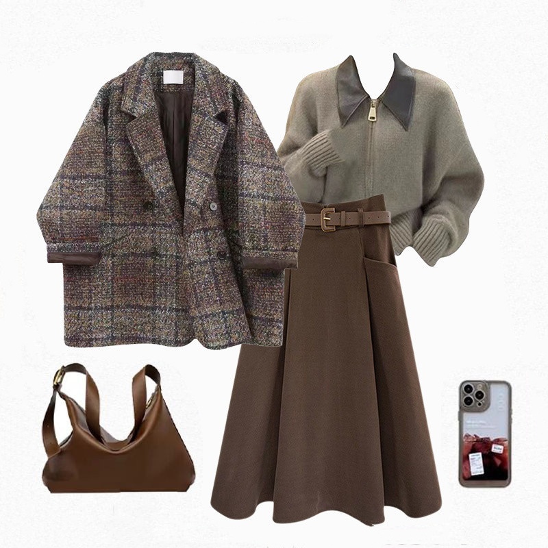 Vintage Blazer Design Knitted Sweater With Skirt Three-piece Set