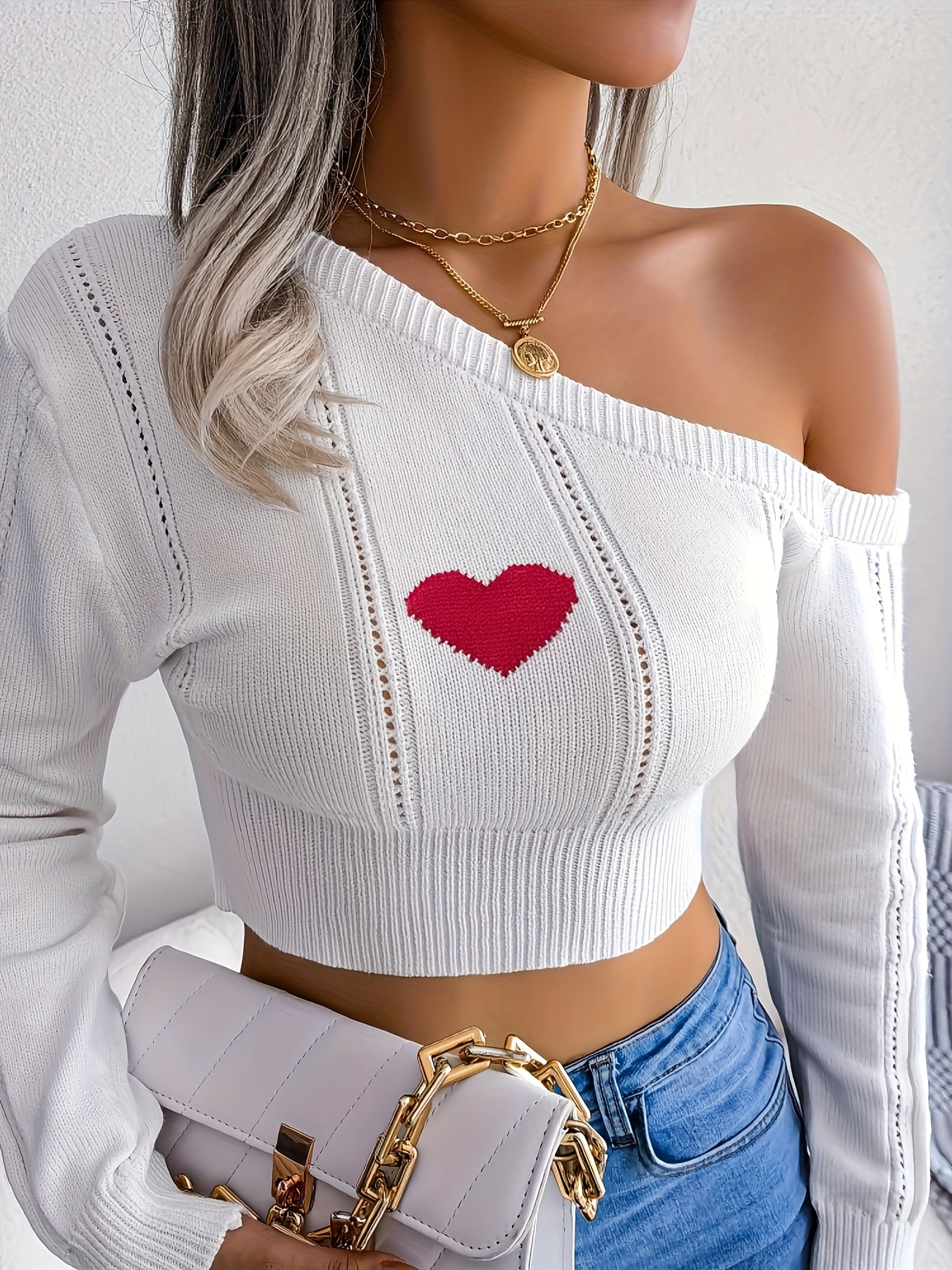 Bare Shoulders Knitted Sweater Women Long Sleeve Short Pullover Clothes Colorful - Shop at LoveMi