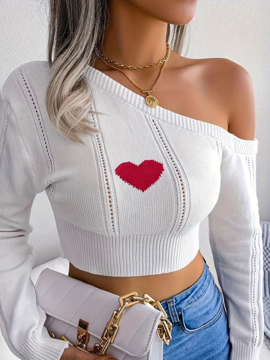 Bare Shoulders Knitted Sweater Women Long Sleeve Short Pullover Clothes - Colourful