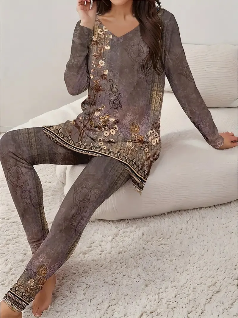 Women Vintage Fashion Floral V-neck Long Sleeve Leggings Printing Suit - Figure 2