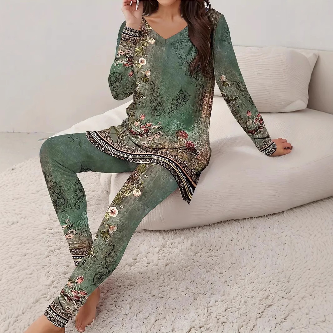 Women Vintage Fashion Floral V-neck Long Sleeve Leggings Printing Suit