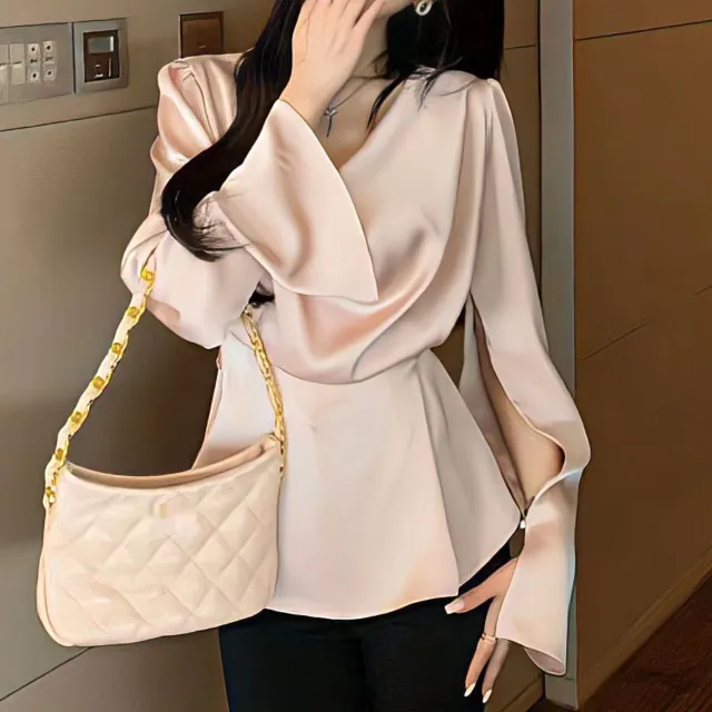 High end Irregular Bell Sleeve Waist tight Graceful Satin Long Sleeve Shirt Pink - Shop at LoveMi