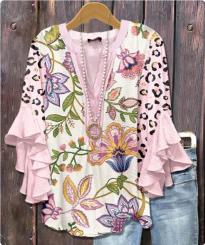 Women's V-neck Fashion Lotus Sleeve T-shirt - Style 21-L