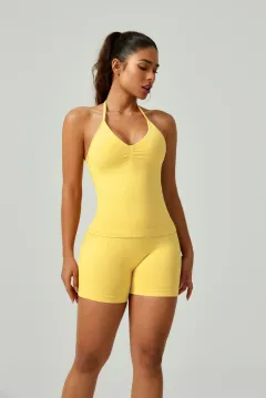 Women's Solid Colour Thank You Halter Spaghetti Straps Vest Shorts Set - Lemon Yellow - View 1