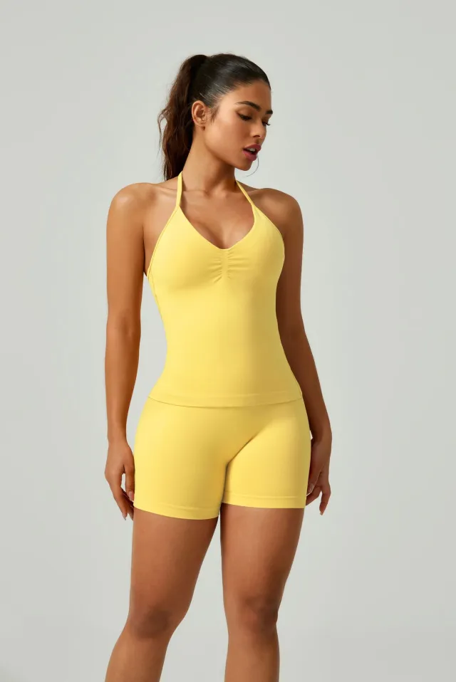 Women's Solid Color Thank You Halter Spaghetti Straps Vest Shorts Set Lemon Yellow - Shop at LoveMi